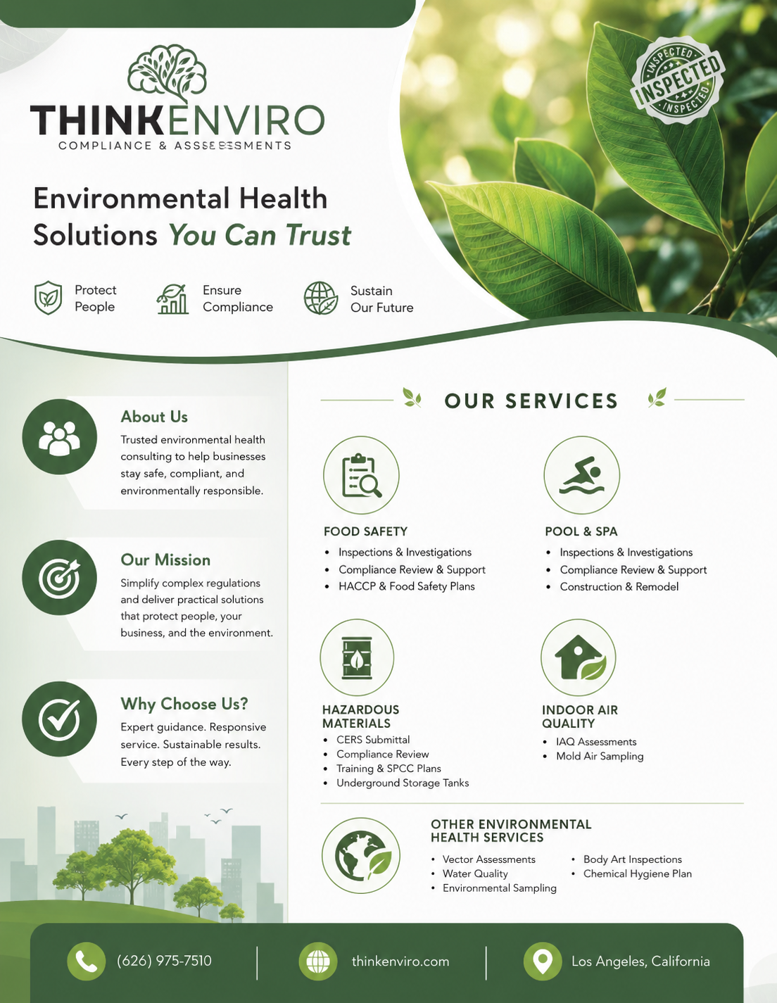 Think Enviro — Environmental Health Solutions You Can Trust. Services include food safety, pool & spa, hazardous materials, indoor air quality, and other environmental health services.